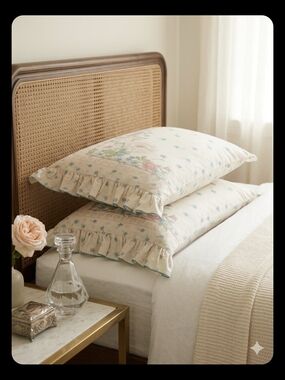 Pair Of Vintage Pierre Cardin Cream Floral Ruffled Pillowcases Pink Blue Accents